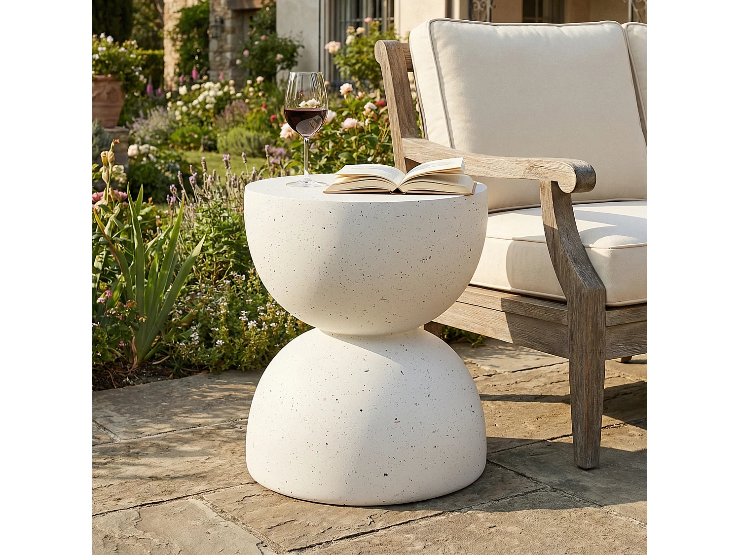 Bout de Canapé de Jardin Moderne en MgO - Table d'Appoint Sablier Aspect Terrazzo Blanc - Blanc