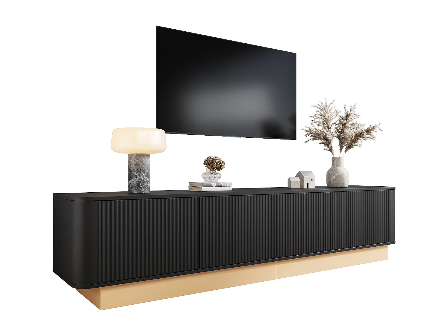 Moderner minimalistischer TV-Schrank - 200x40x47,5 cm - 4 Türen - Höhenverstellbare Einlegeböden - Abgerundete Ecken - MDF - Schwarz