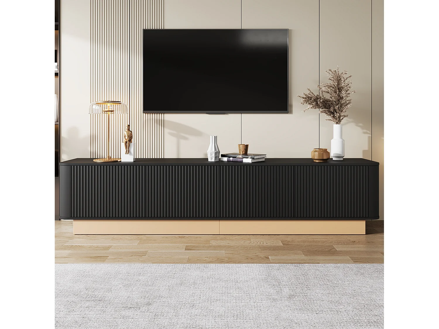 Moderner minimalistischer TV-Schrank - 200x40x47,5 cm - 4 Türen - Höhenverstellbare Einlegeböden - Abgerundete Ecken - MDF - Schwarz