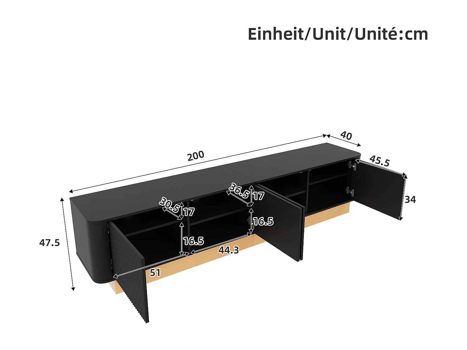 Moderner minimalistischer TV-Schrank - 200x40x47,5 cm - 4 Türen - Höhenverstellbare Einlegeböden - Abgerundete Ecken - MDF - Schwarz