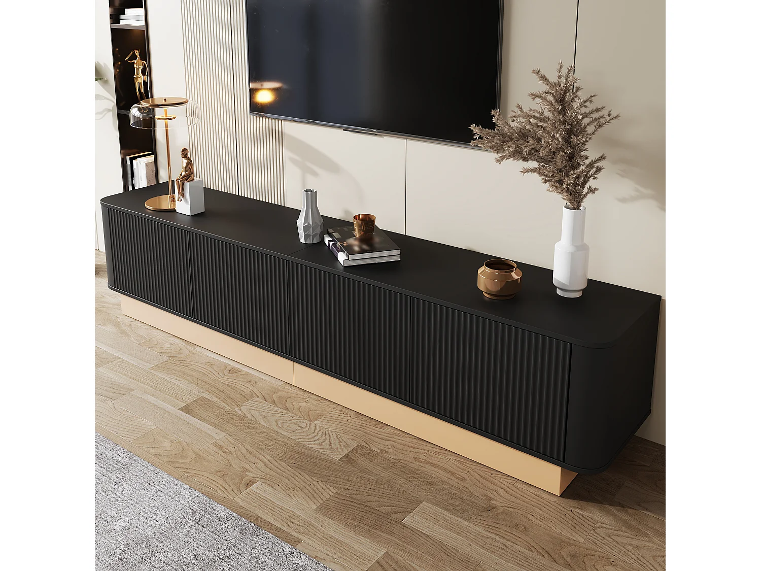 Moderner minimalistischer TV-Schrank - 200x40x47,5 cm - 4 Türen - Höhenverstellbare Einlegeböden - Abgerundete Ecken - MDF - Schwarz