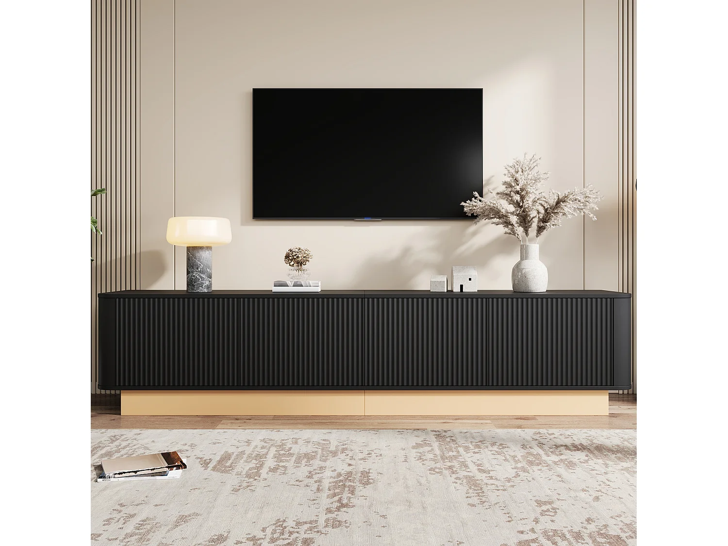 Moderner minimalistischer TV-Schrank - 200x40x47,5 cm - 4 Türen - Höhenverstellbare Einlegeböden - Abgerundete Ecken - MDF - Schwarz