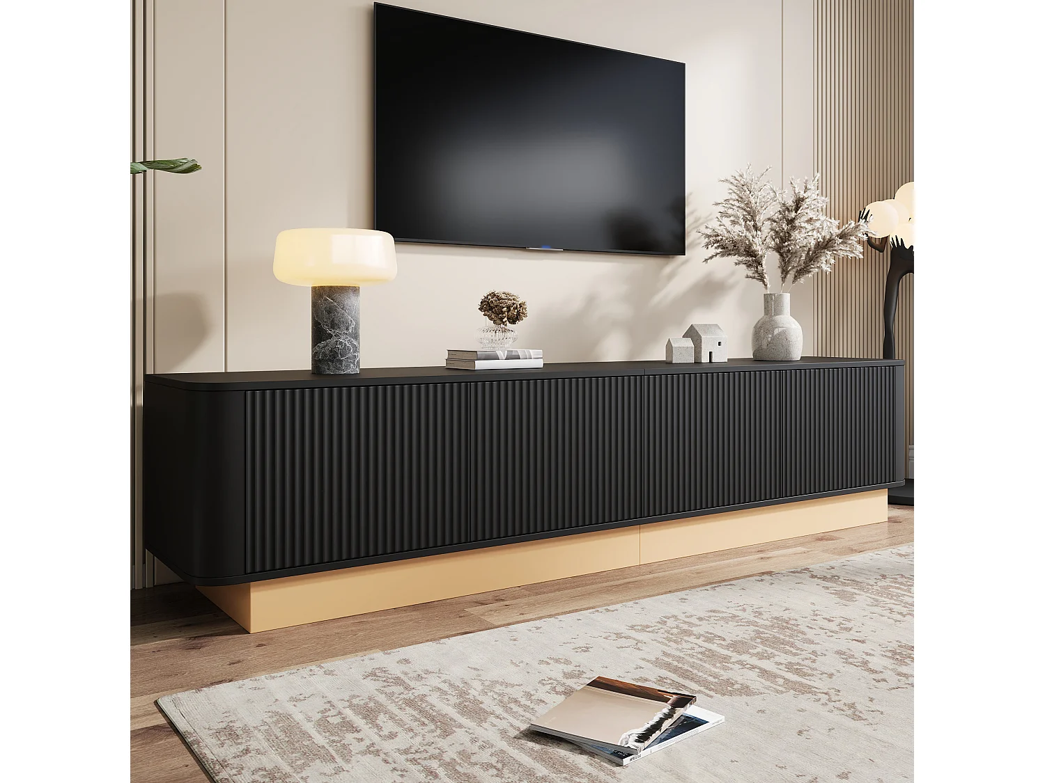 Moderner minimalistischer TV-Schrank - 200x40x47,5 cm - 4 Türen - Höhenverstellbare Einlegeböden - Abgerundete Ecken - MDF - Schwarz