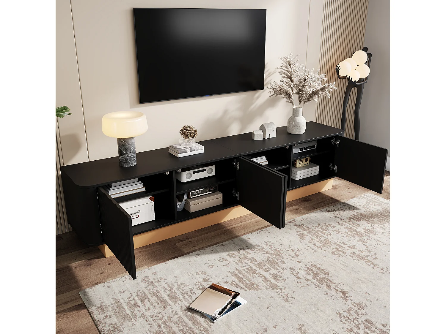 Moderner minimalistischer TV-Schrank - 200x40x47,5 cm - 4 Türen - Höhenverstellbare Einlegeböden - Abgerundete Ecken - MDF - Schwarz