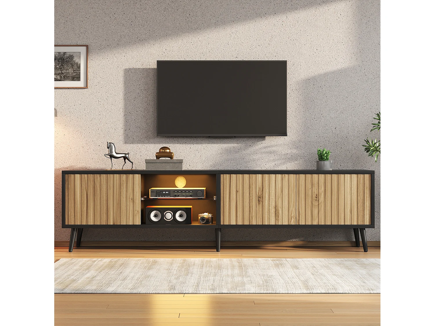 TV-Schrank 175x31x43,5 cm - LED-Beleuchtung - 3 Türen - 6 Füße - TV bis zu 75 Zoll - Spanplatten - Natur