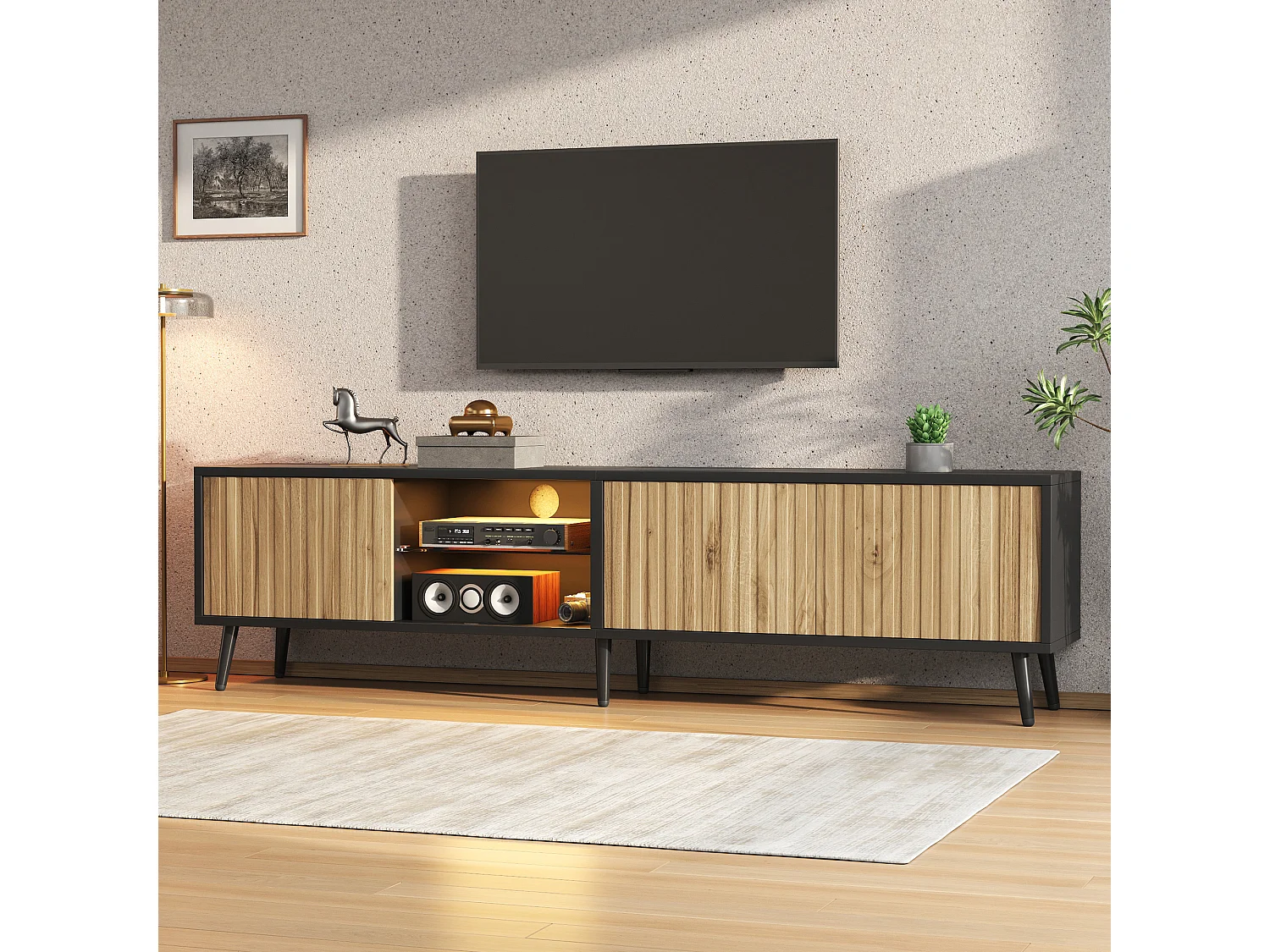 TV-Schrank 175x31x43,5 cm - LED-Beleuchtung - 3 Türen - 6 Füße - TV bis zu 75 Zoll - Spanplatten - Natur