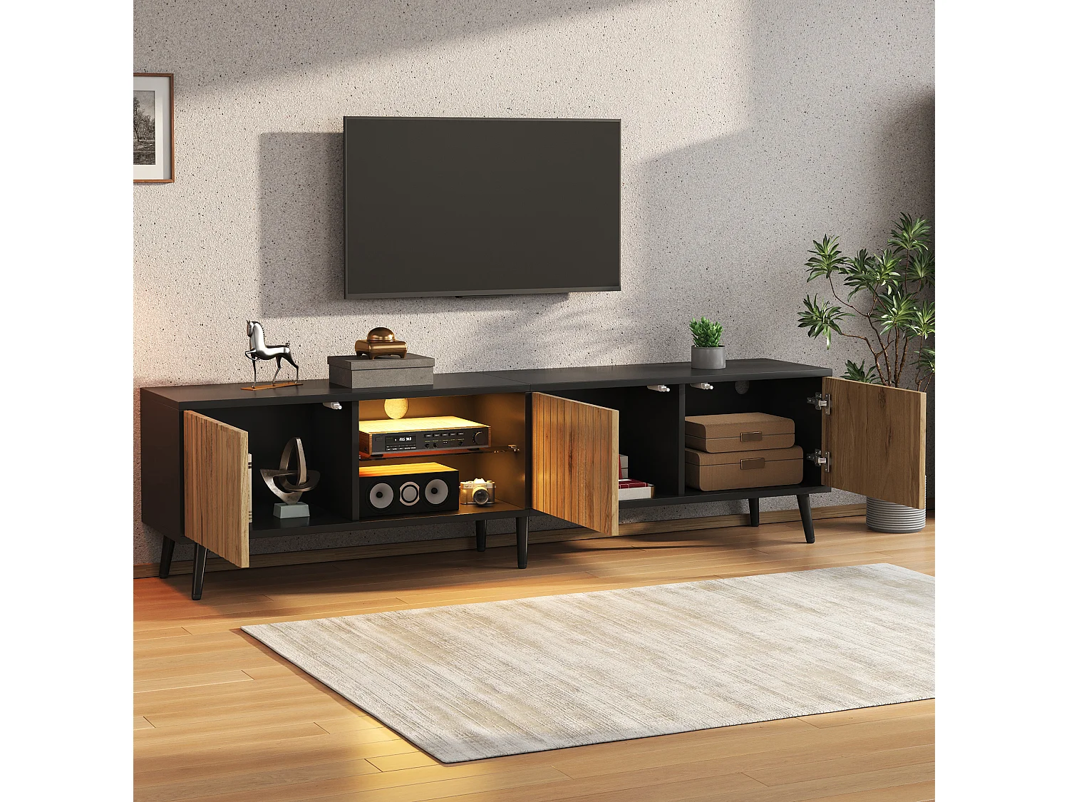 TV-Schrank 175x31x43,5 cm - LED-Beleuchtung - 3 Türen - 6 Füße - TV bis zu 75 Zoll - Spanplatten - Natur