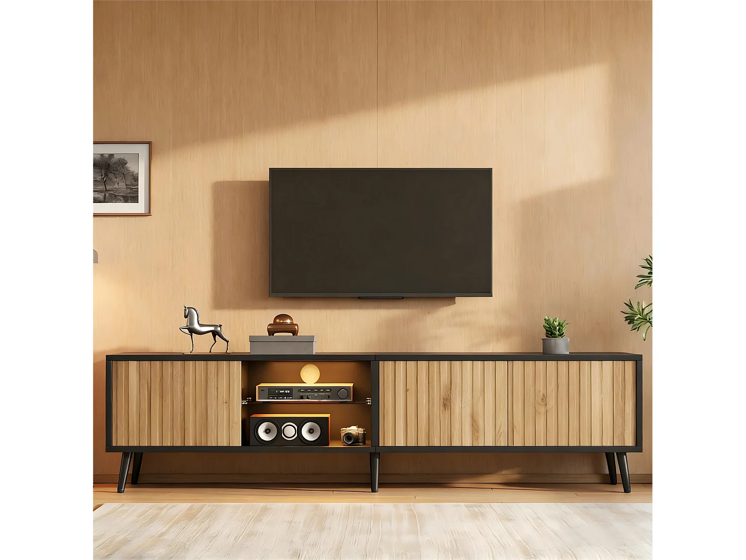 TV-Schrank 175x31x43,5 cm - LED-Beleuchtung - 3 Türen - 6 Füße - TV bis zu 75 Zoll - Spanplatten - Natur