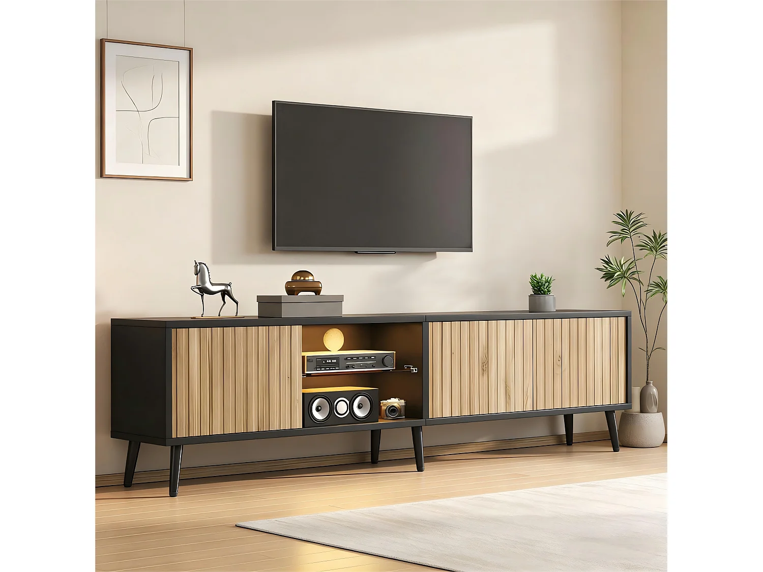 TV-Schrank 175x31x43,5 cm - LED-Beleuchtung - 3 Türen - 6 Füße - TV bis zu 75 Zoll - Spanplatten - Natur