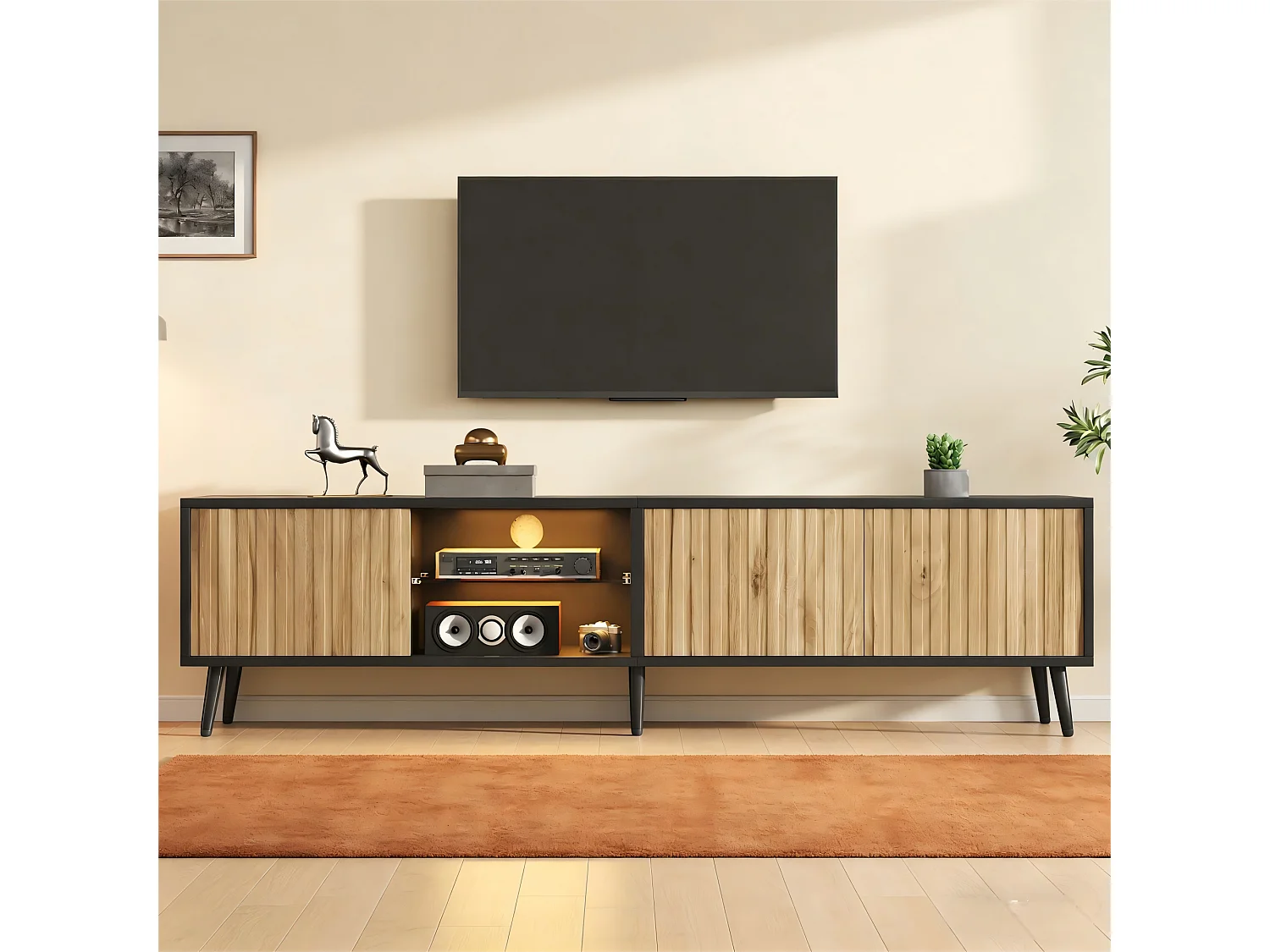 TV-Schrank 175x31x43,5 cm - LED-Beleuchtung - 3 Türen - 6 Füße - TV bis zu 75 Zoll - Spanplatten - Natur