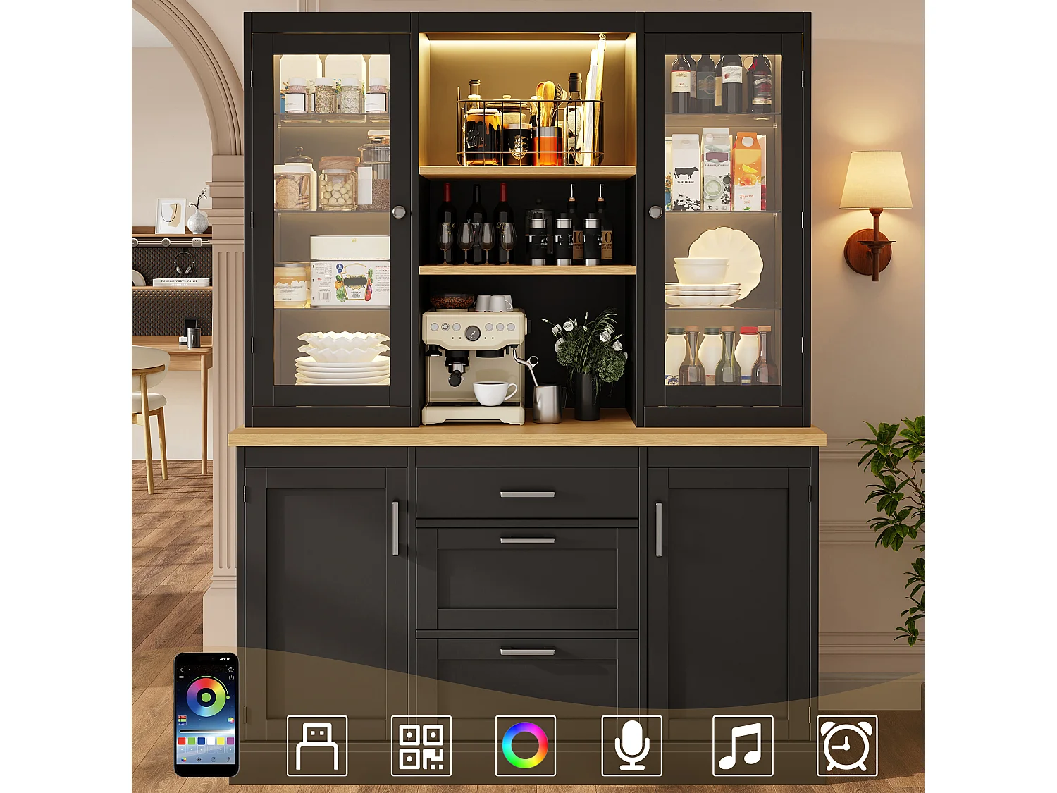 Hoog keukendressoir - 140 x 40 x 185 cm - met 3 lades + 2 opbergdeuren + LED-verlichting + planken - MDF - zwart