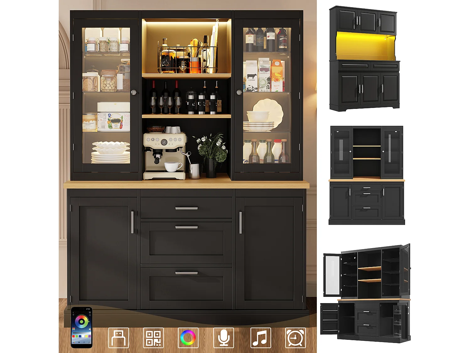 Hoog keukendressoir - 140 x 40 x 185 cm - met 3 lades + 2 opbergdeuren + LED-verlichting + planken - MDF - zwart