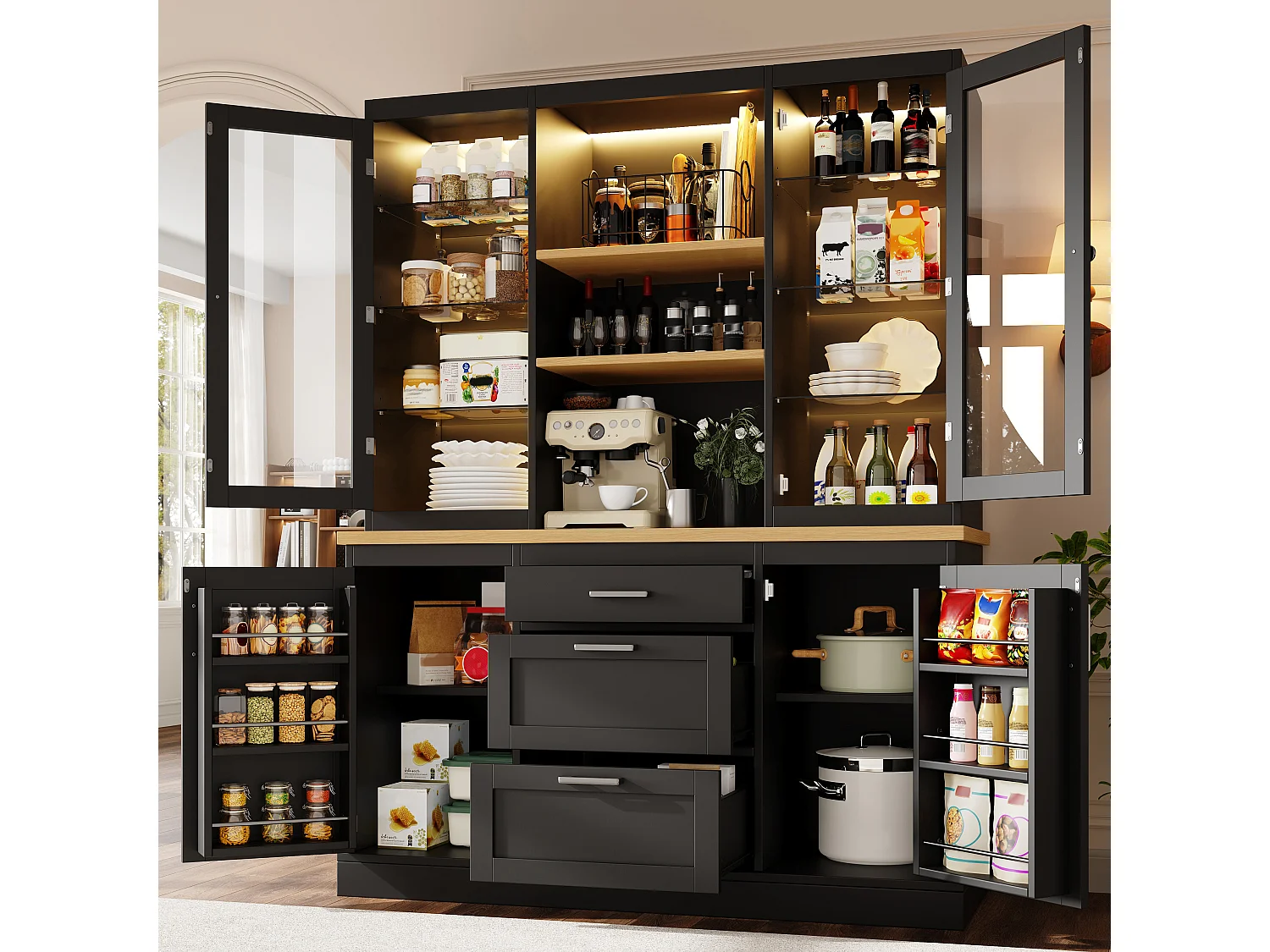 Hoog keukendressoir - 140 x 40 x 185 cm - met 3 lades + 2 opbergdeuren + LED-verlichting + planken - MDF - zwart