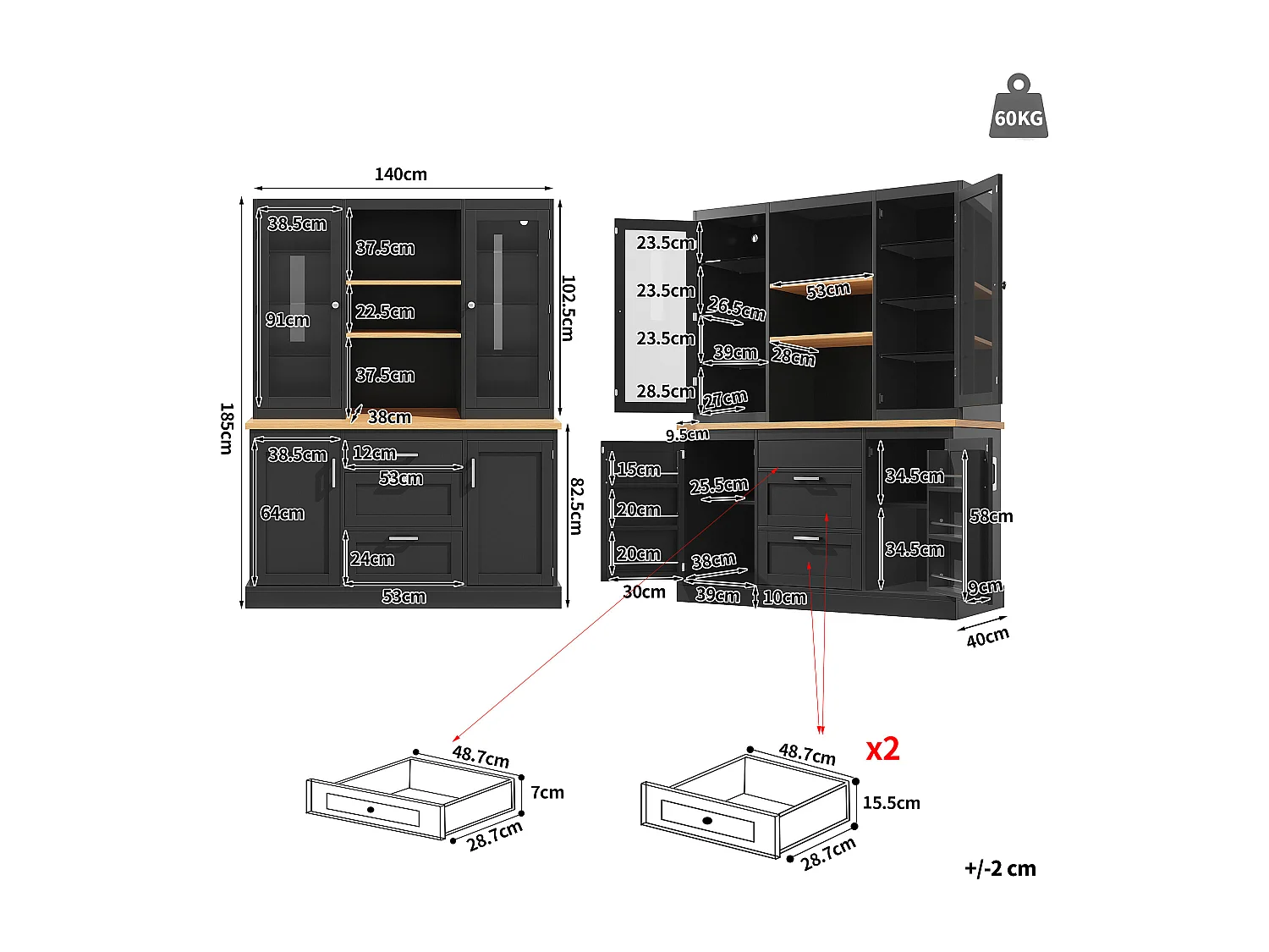 Hoog keukendressoir - 140 x 40 x 185 cm - met 3 lades + 2 opbergdeuren + LED-verlichting + planken - MDF - zwart