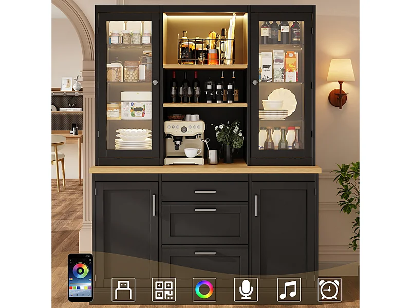 Hoog keukendressoir - 140 x 40 x 185 cm - met 3 lades + 2 opbergdeuren + LED-verlichting + planken - MDF - zwart