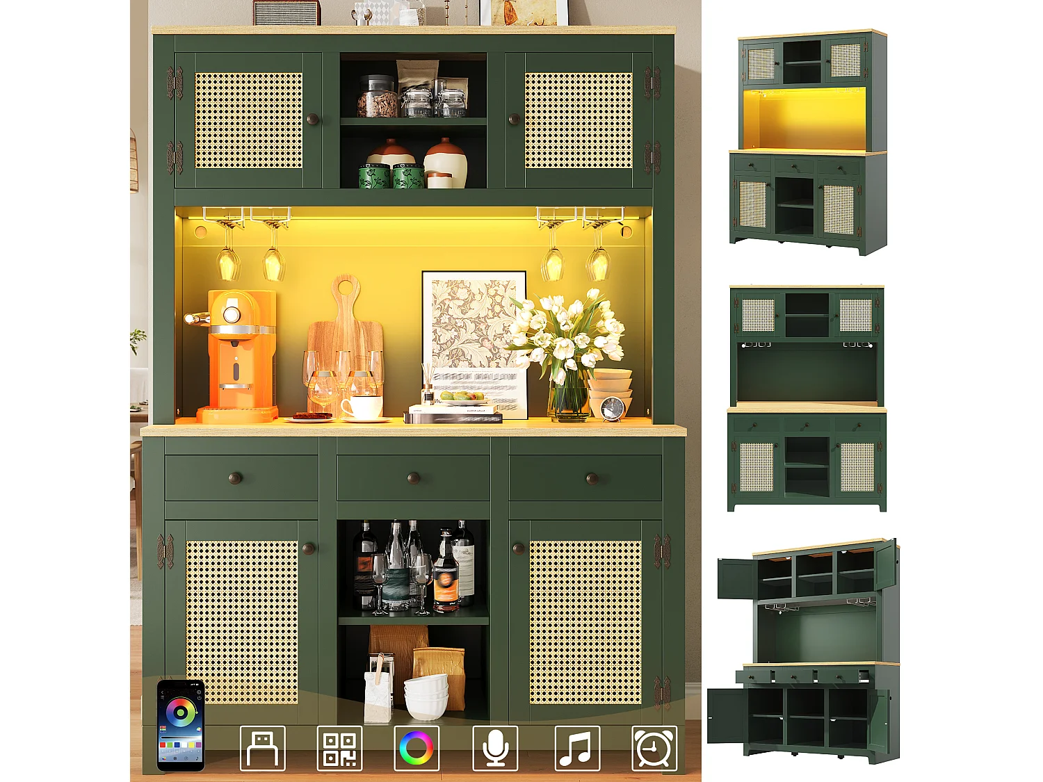 Aparador alto de cozinha em rattan PE - 120 x 40 x 180 cm - com 3 gavetas + 4 portas + prateleiras + LEDs - MDF - verde