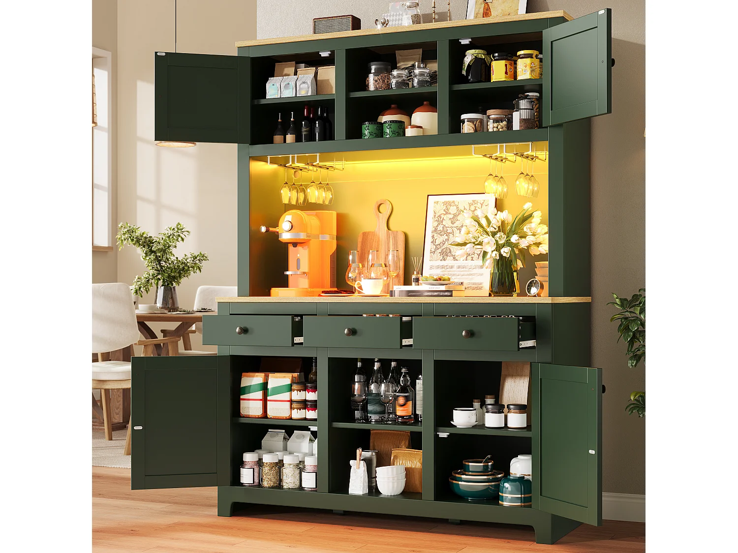 Aparador alto de cozinha em rattan PE - 120 x 40 x 180 cm - com 3 gavetas + 4 portas + prateleiras + LEDs - MDF - verde