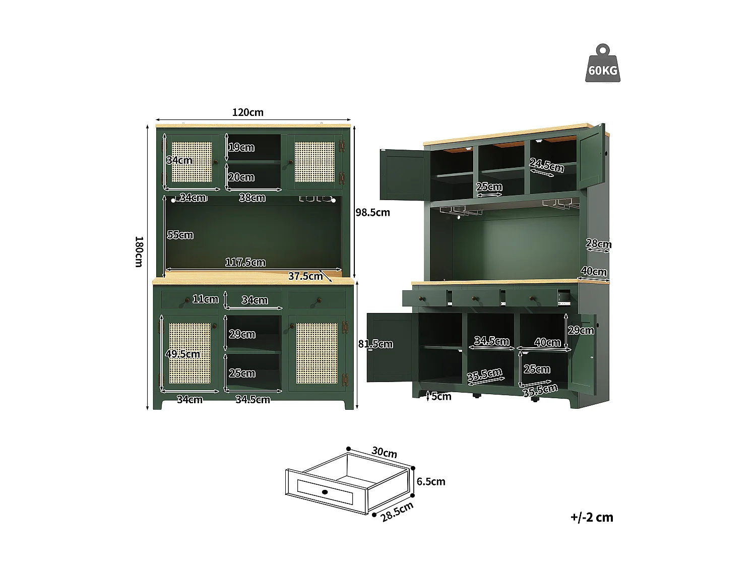 Aparador alto de cozinha em rattan PE - 120 x 40 x 180 cm - com 3 gavetas + 4 portas + prateleiras + LEDs - MDF - verde