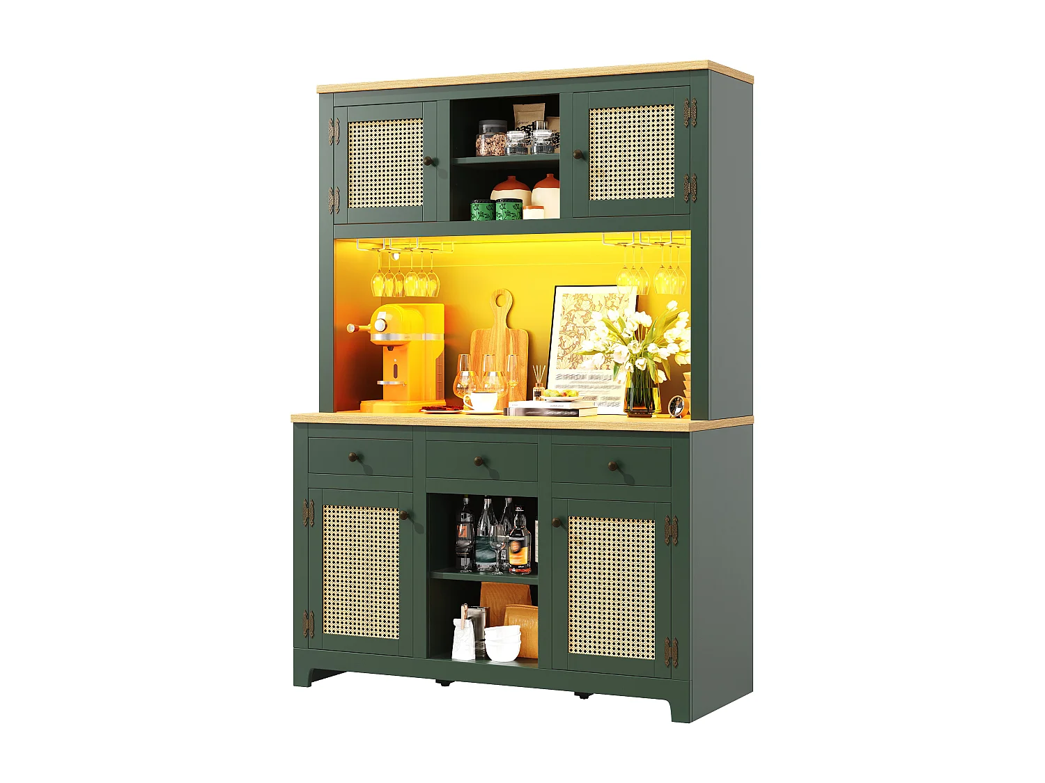 Aparador alto de cozinha em rattan PE - 120 x 40 x 180 cm - com 3 gavetas + 4 portas + prateleiras + LEDs - MDF - verde