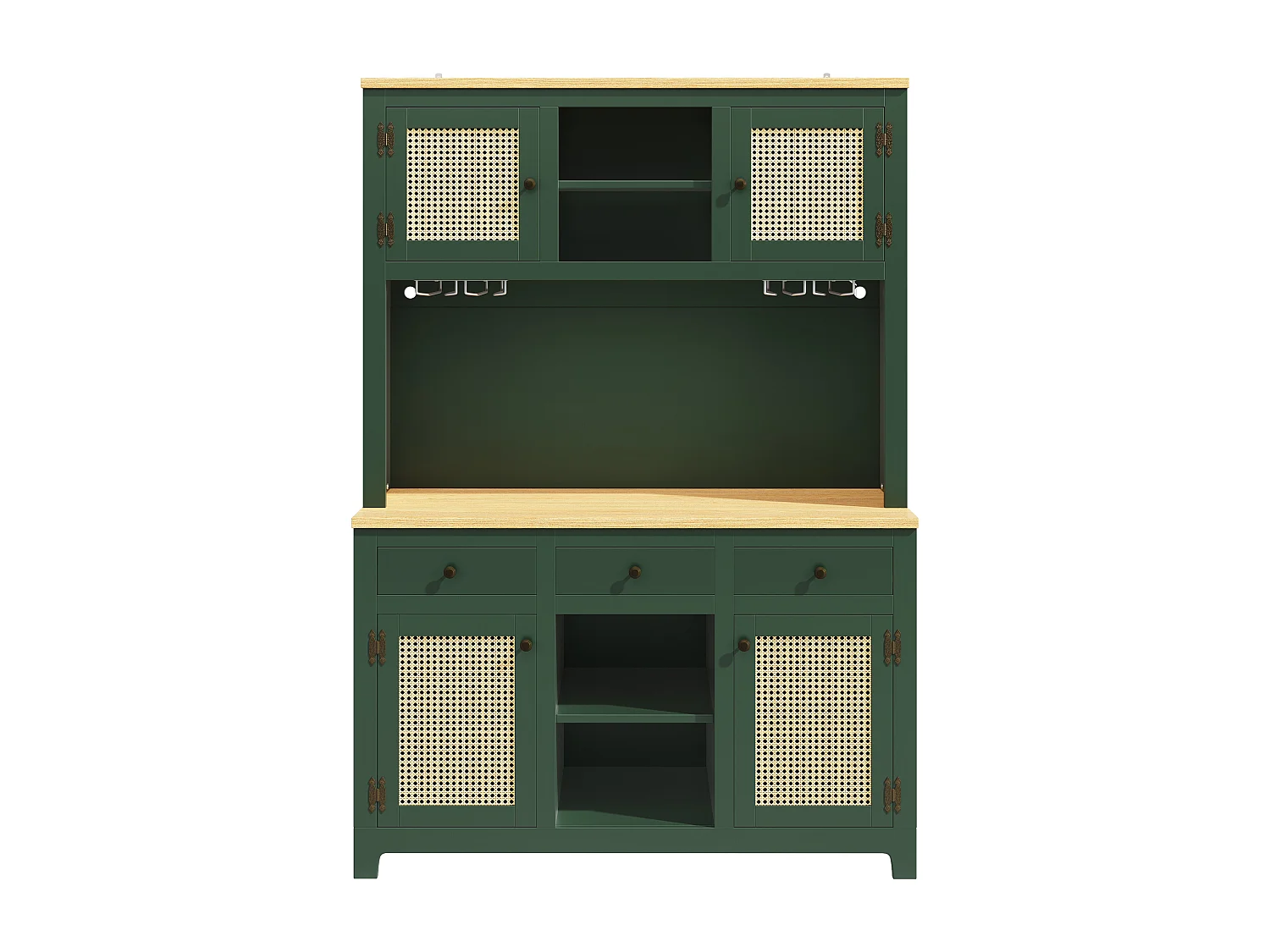 Aparador alto de cozinha em rattan PE - 120 x 40 x 180 cm - com 3 gavetas + 4 portas + prateleiras + LEDs - MDF - verde