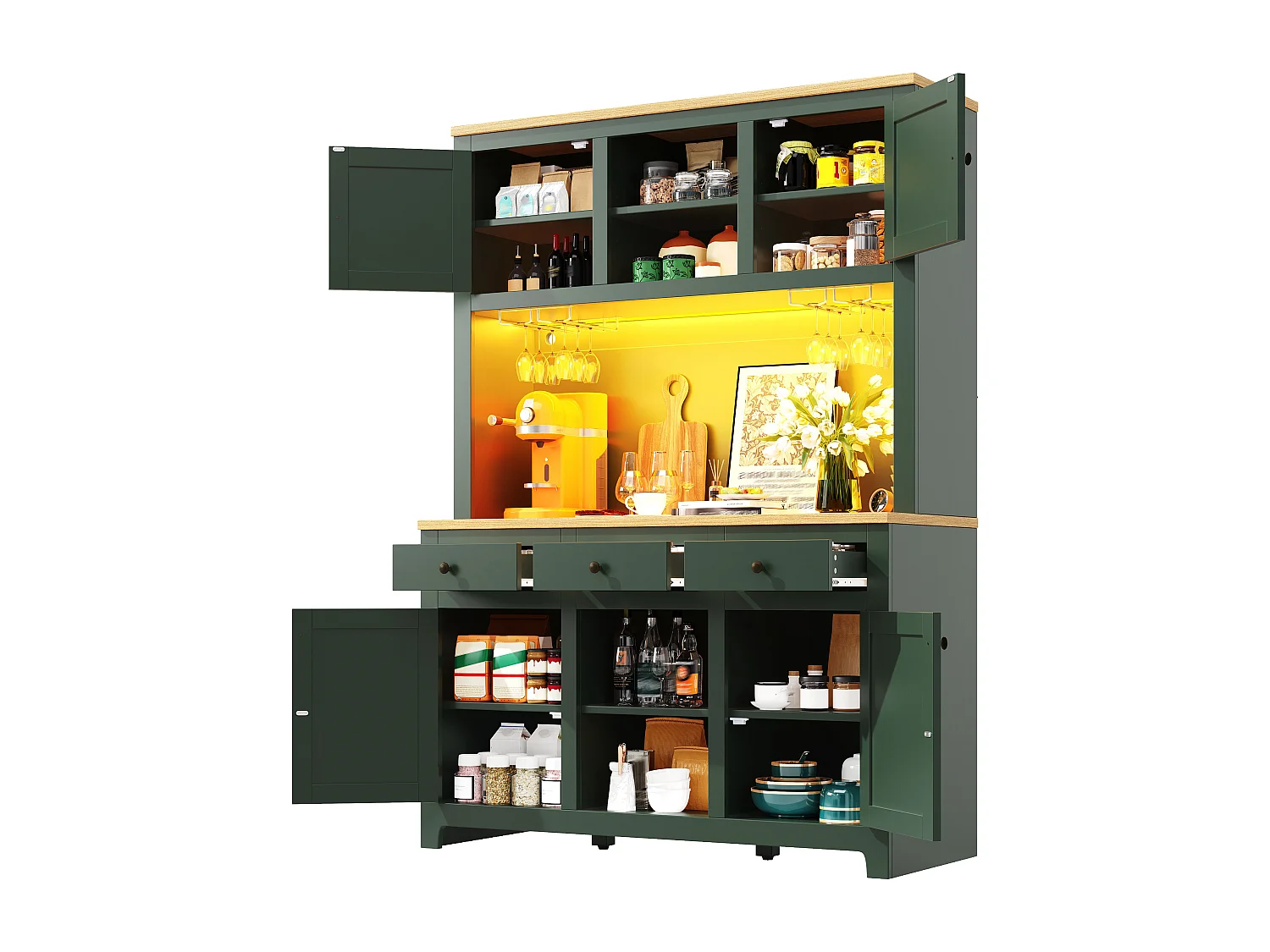 Aparador alto de cozinha em rattan PE - 120 x 40 x 180 cm - com 3 gavetas + 4 portas + prateleiras + LEDs - MDF - verde