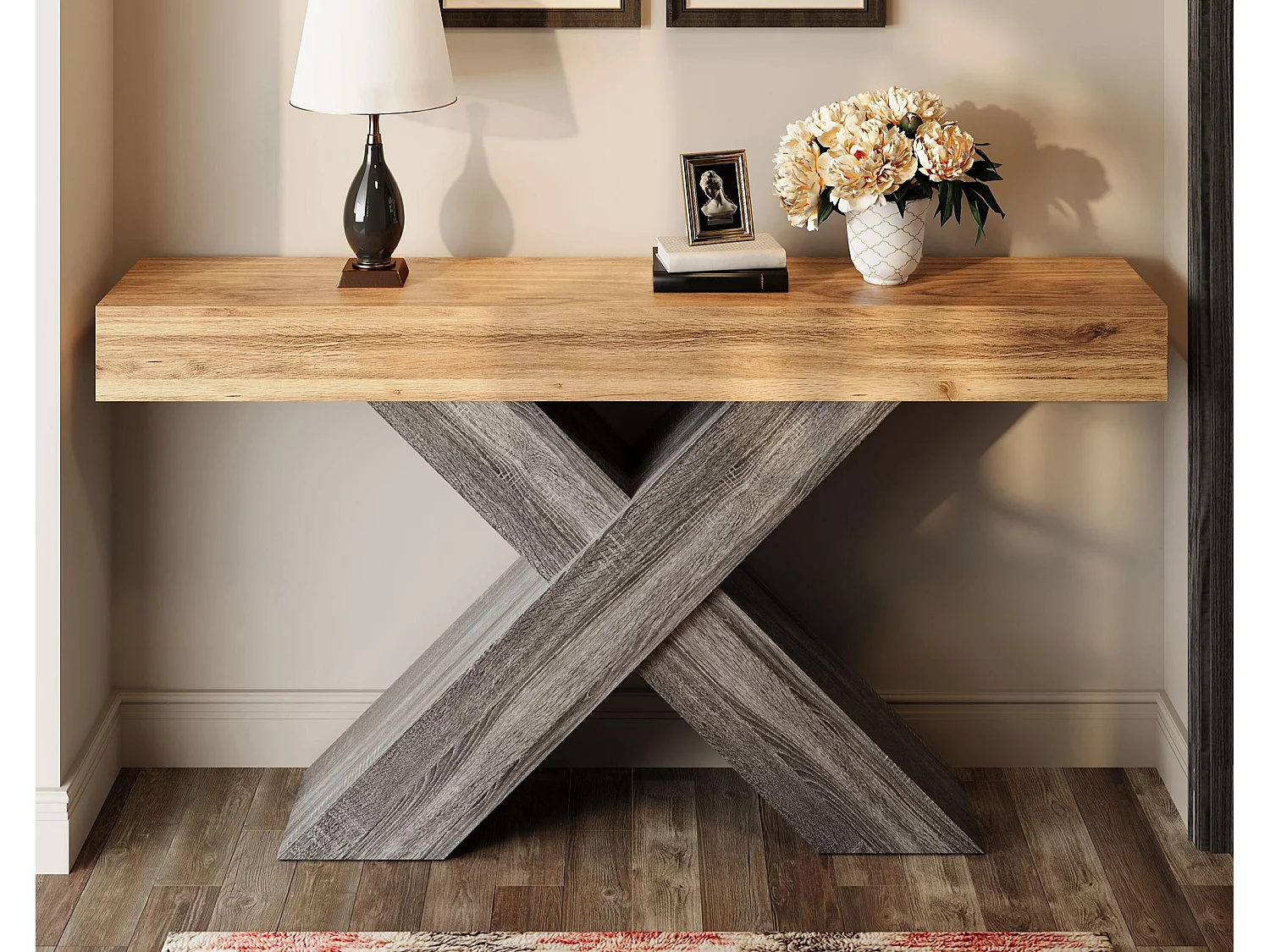 Beistelltisch mit X-Bein - 40x30x80 cm - Maserholzoptik - Massivholzplatte - Spanplatten - Natur