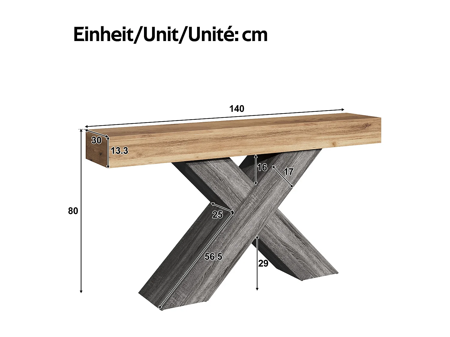 Beistelltisch mit X-Bein - 40x30x80 cm - Maserholzoptik - Massivholzplatte - Spanplatten - Natur