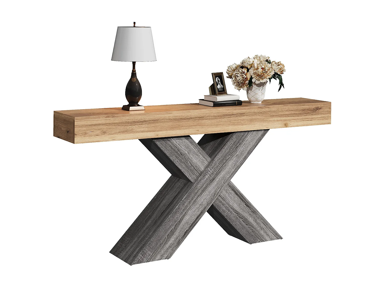 Beistelltisch mit X-Bein - 40x30x80 cm - Maserholzoptik - Massivholzplatte - Spanplatten - Natur