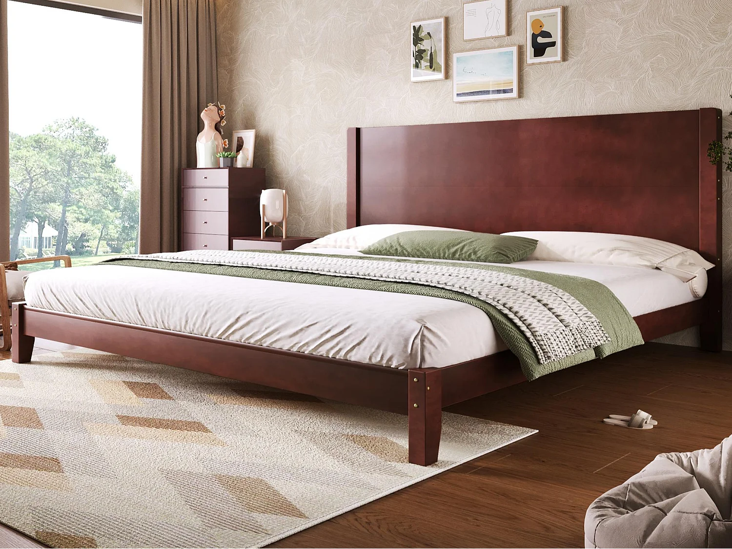 Letto matrimoniale 180x200 cm - Con testiera - Con rete a doghe in legno massello - MDF + Pino - Marrone​ (Materasso non incluso)