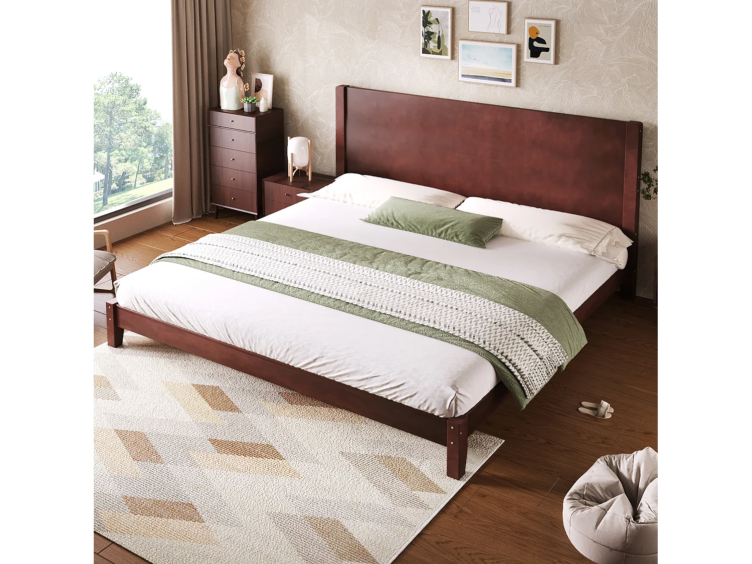 Letto matrimoniale 180x200 cm - Con testiera - Con rete a doghe in legno massello - MDF + Pino - Marrone​ (Materasso non incluso)