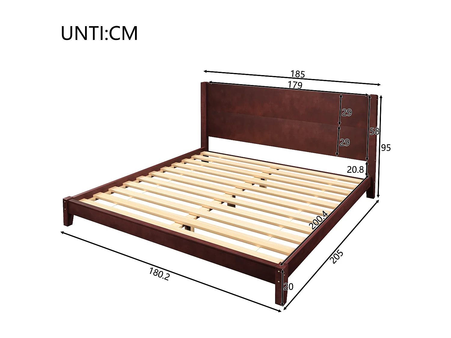 Letto matrimoniale 180x200 cm - Con testiera - Con rete a doghe in legno massello - MDF + Pino - Marrone​ (Materasso non incluso)