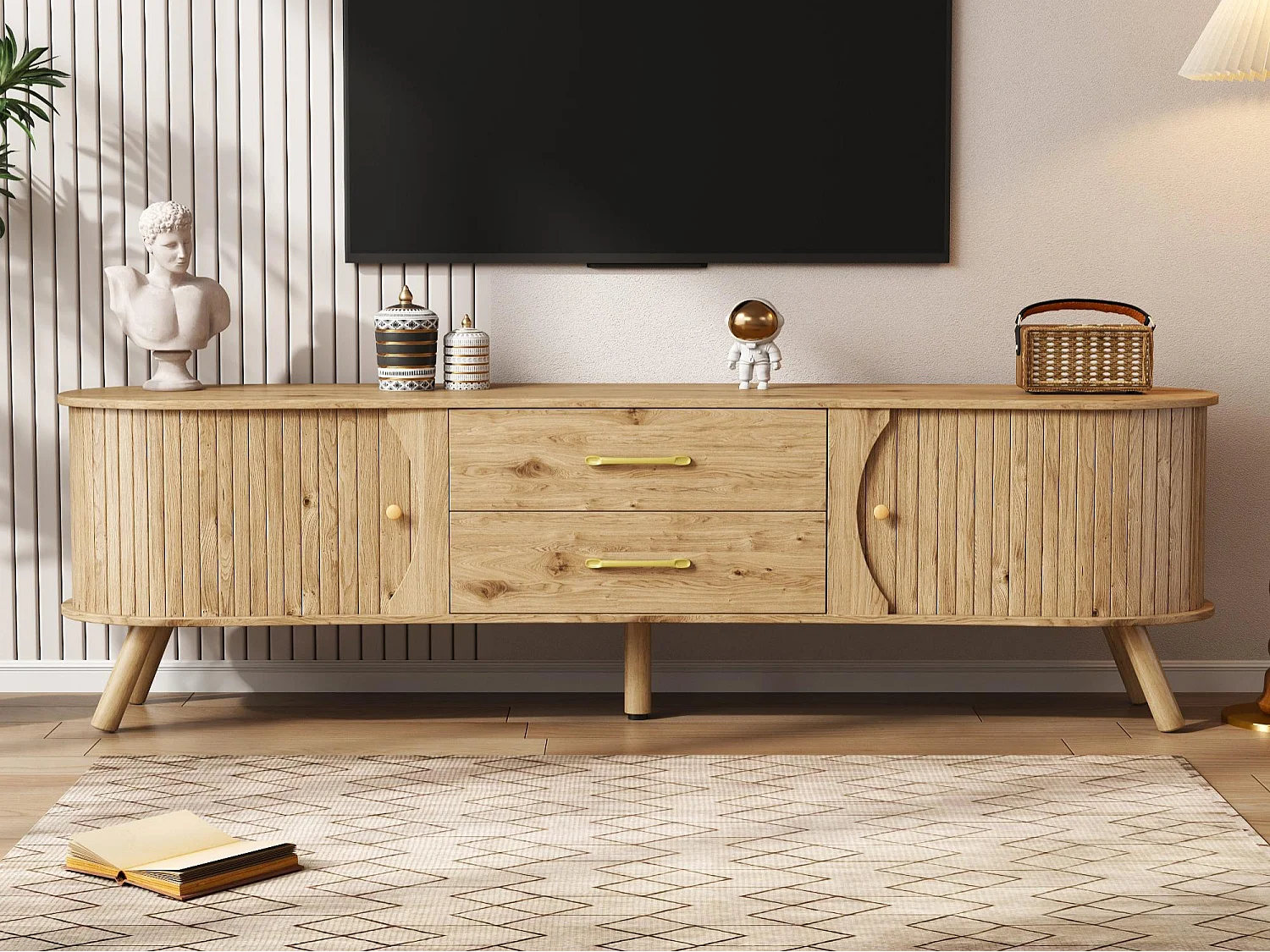 TV-Schrank in Erbsenform 160x36,5x55 cm - 2 Schiebetüren und 2 Schubladen - Massivholzfüße - Holzoberfläche - MDF - Natur