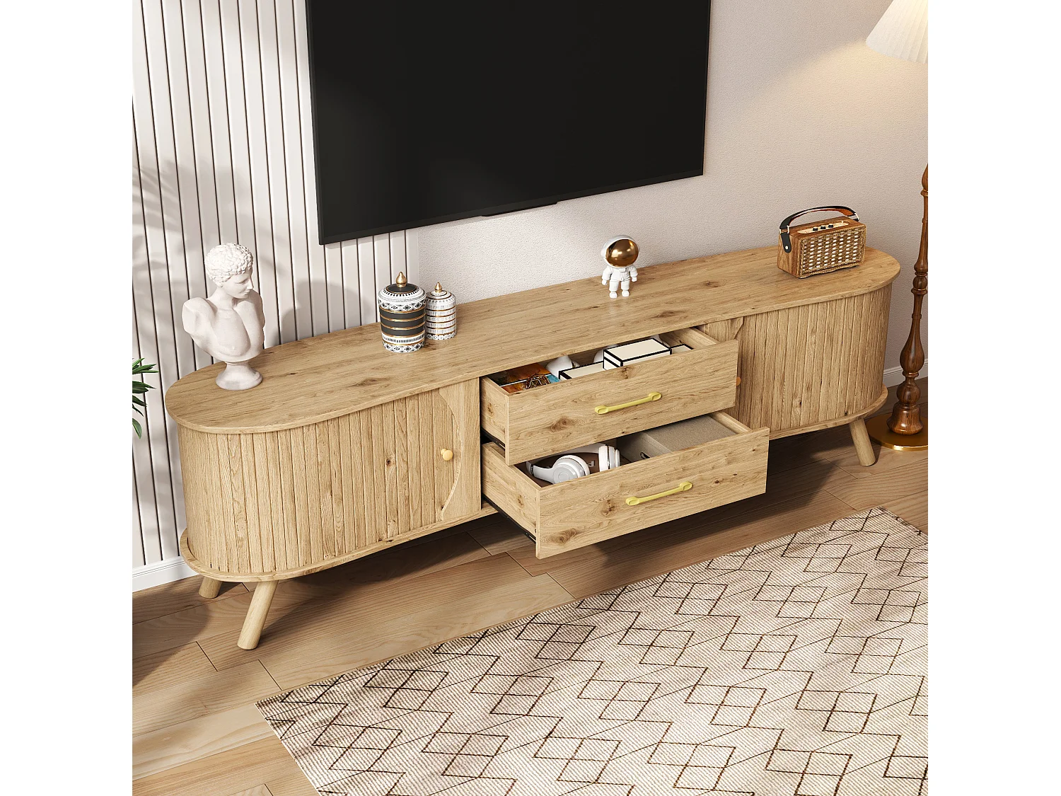 TV-Schrank in Erbsenform 160x36,5x55 cm - 2 Schiebetüren und 2 Schubladen - Massivholzfüße - Holzoberfläche - MDF - Natur