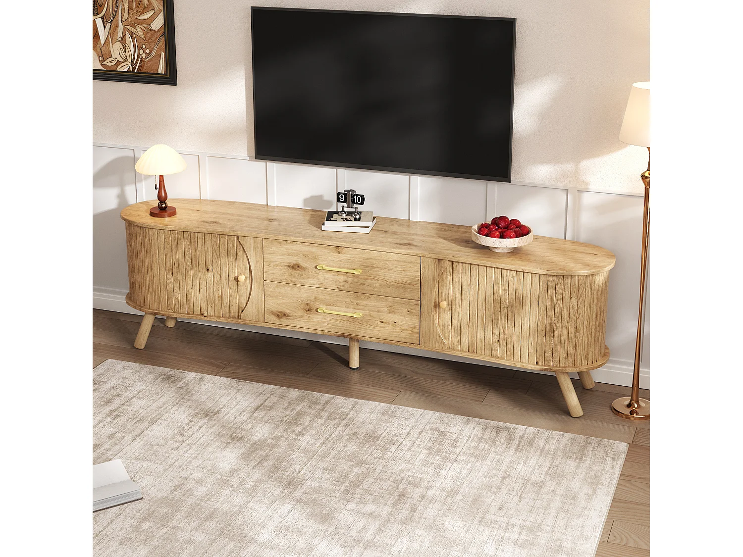 TV-Schrank in Erbsenform 160x36,5x55 cm - 2 Schiebetüren und 2 Schubladen - Massivholzfüße - Holzoberfläche - MDF - Natur