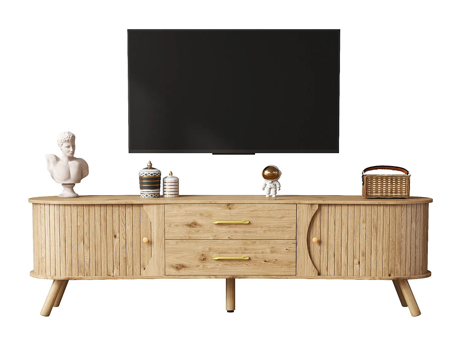TV-Schrank in Erbsenform 160x36,5x55 cm - 2 Schiebetüren und 2 Schubladen - Massivholzfüße - Holzoberfläche - MDF - Natur