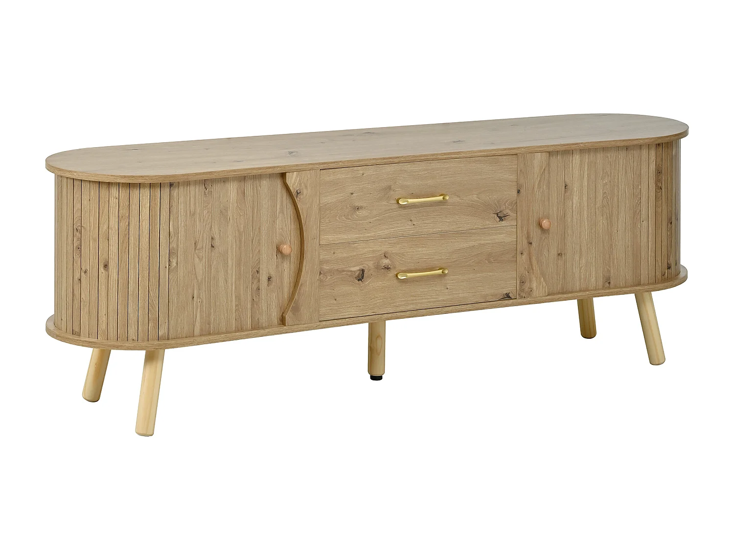 TV-Schrank in Erbsenform 160x36,5x55 cm - 2 Schiebetüren und 2 Schubladen - Massivholzfüße - Holzoberfläche - MDF - Natur