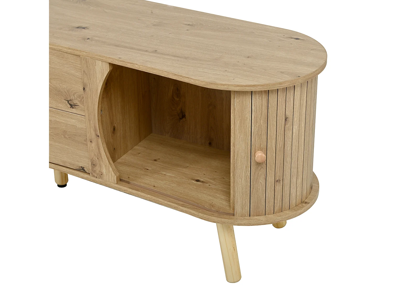 TV-Schrank in Erbsenform 160x36,5x55 cm - 2 Schiebetüren und 2 Schubladen - Massivholzfüße - Holzoberfläche - MDF - Natur