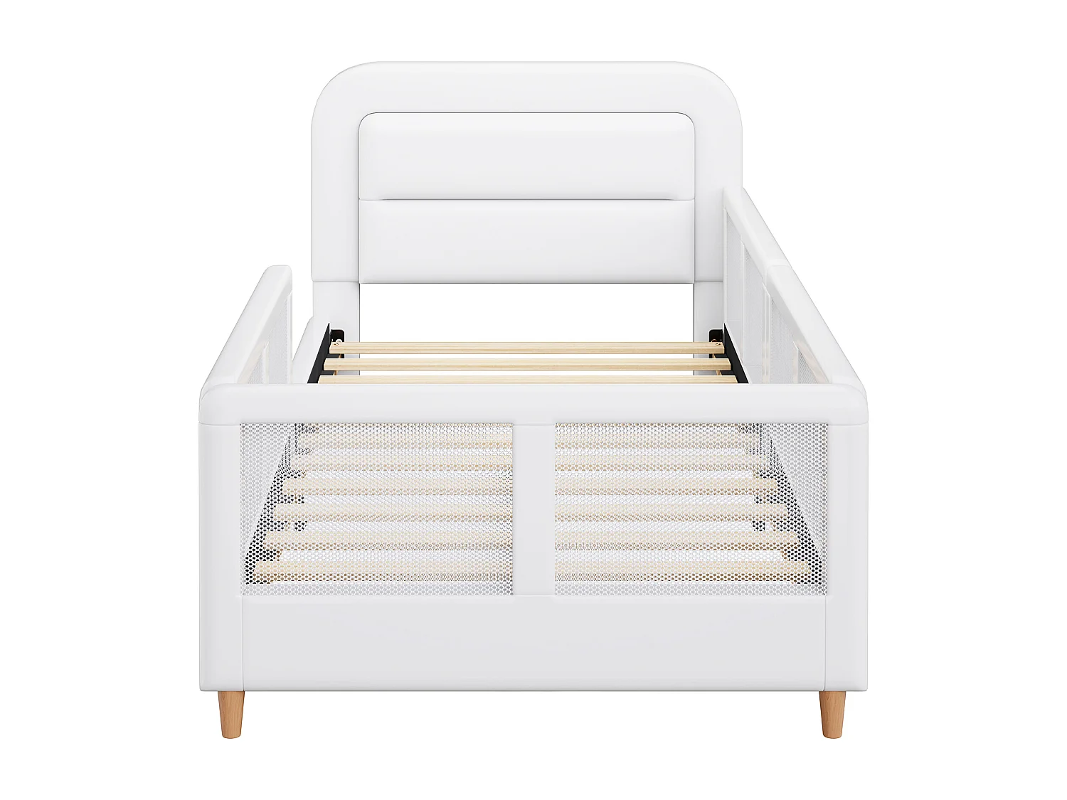 Gepolstertes Plattformbett für Kinder – 90 x 200 cm – mit Sicherheitsgitter – MDF + PU – weiß