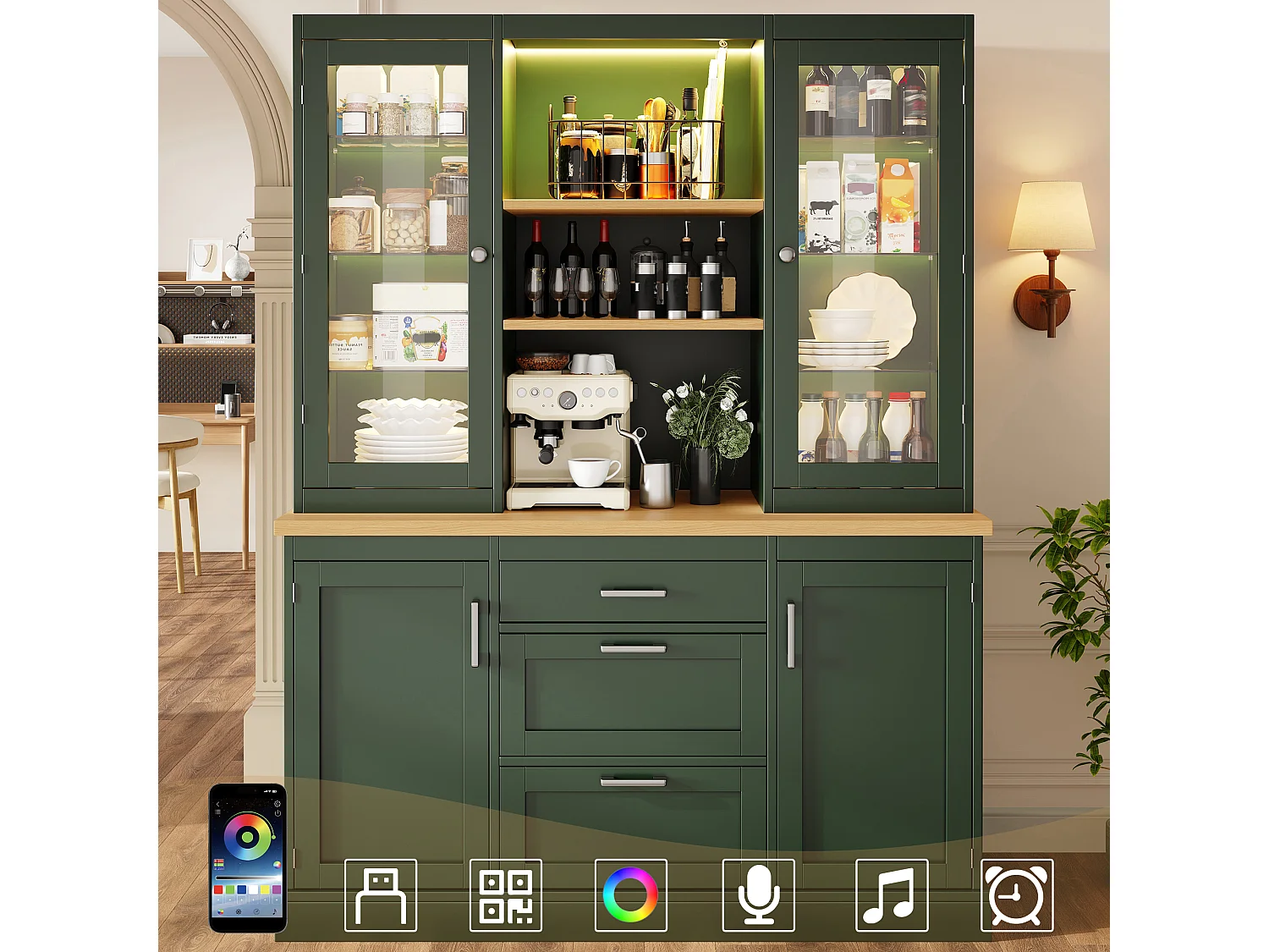 Hoog keukendressoir - 140 x 40 x 185 cm - met 3 lades + 2 opbergdeuren + LED-verlichting + planken - MDF - groen