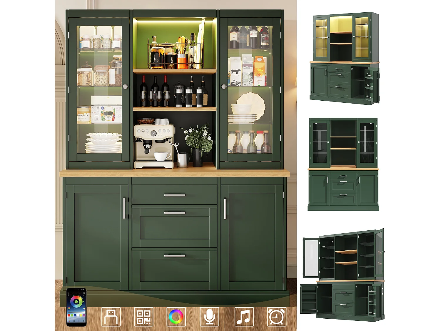 Hoog keukendressoir - 140 x 40 x 185 cm - met 3 lades + 2 opbergdeuren + LED-verlichting + planken - MDF - groen