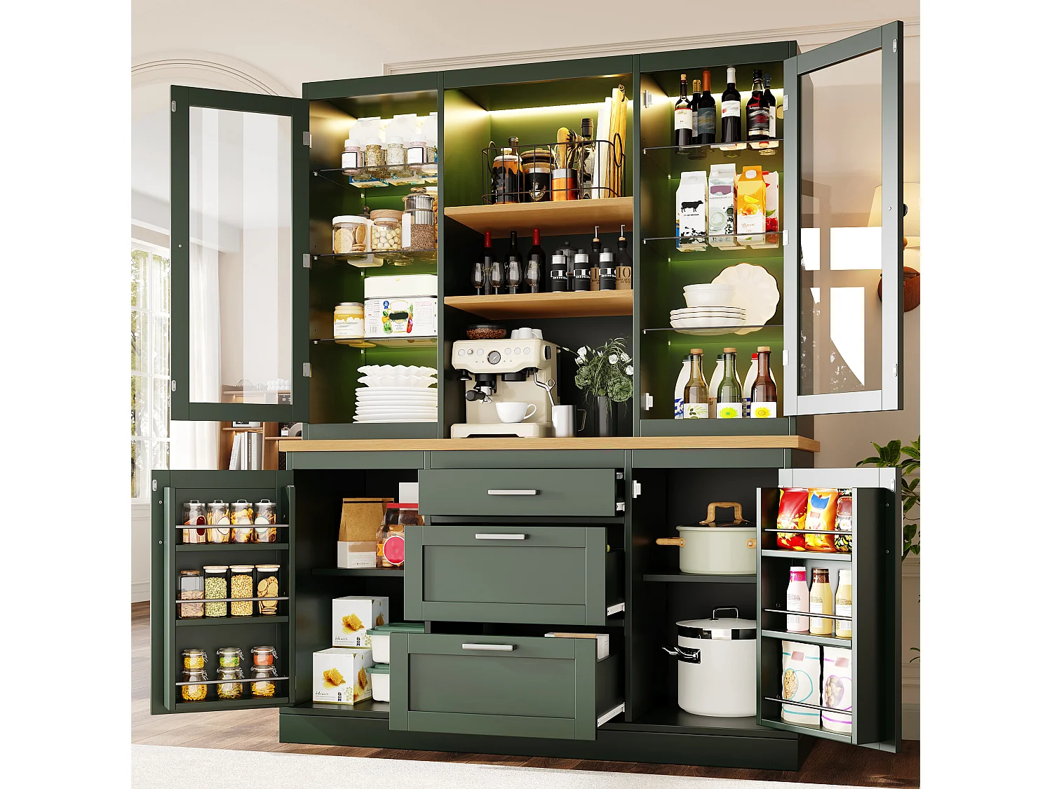 Hoog keukendressoir - 140 x 40 x 185 cm - met 3 lades + 2 opbergdeuren + LED-verlichting + planken - MDF - groen