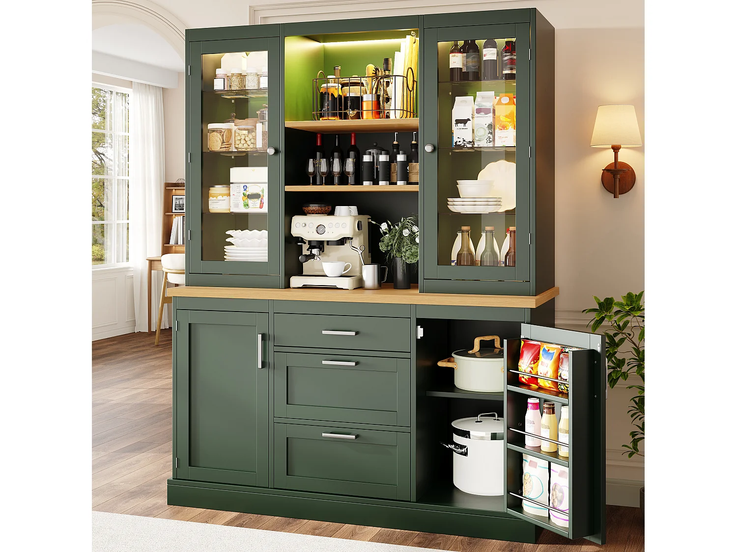 Hoog keukendressoir - 140 x 40 x 185 cm - met 3 lades + 2 opbergdeuren + LED-verlichting + planken - MDF - groen