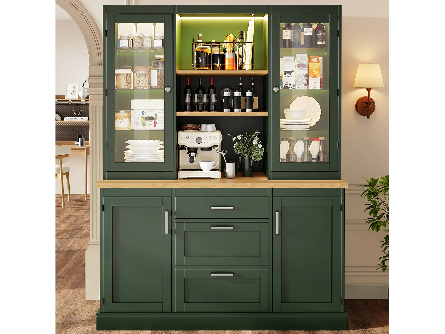 Hoog keukendressoir - 140 x 40 x 185 cm - met 3 lades + 2 opbergdeuren + LED-verlichting + planken - MDF - groen