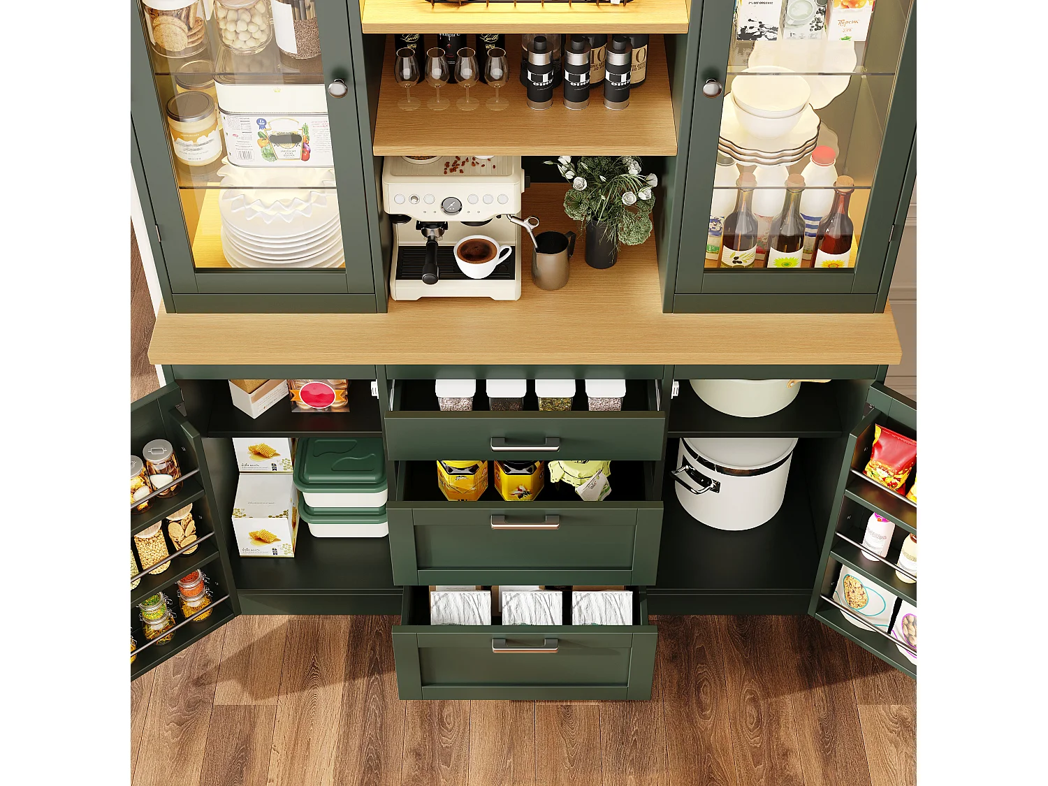 Hoog keukendressoir - 140 x 40 x 185 cm - met 3 lades + 2 opbergdeuren + LED-verlichting + planken - MDF - groen