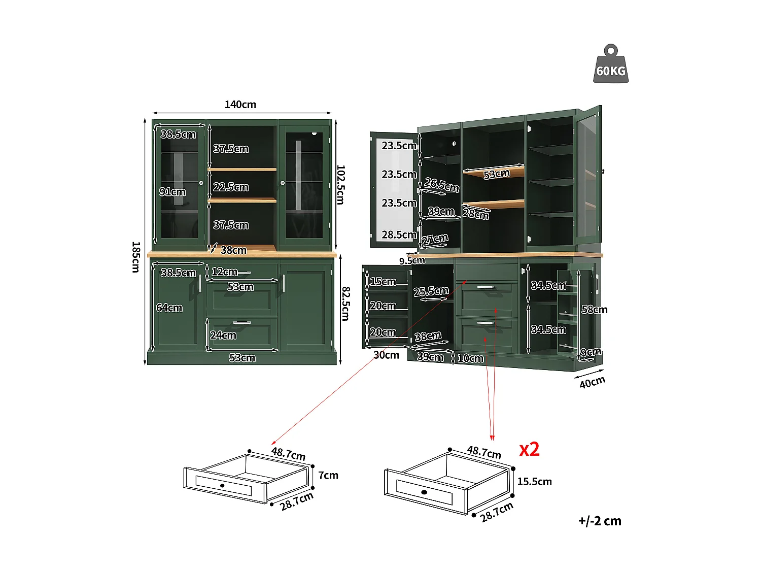 Hoog keukendressoir - 140 x 40 x 185 cm - met 3 lades + 2 opbergdeuren + LED-verlichting + planken - MDF - groen
