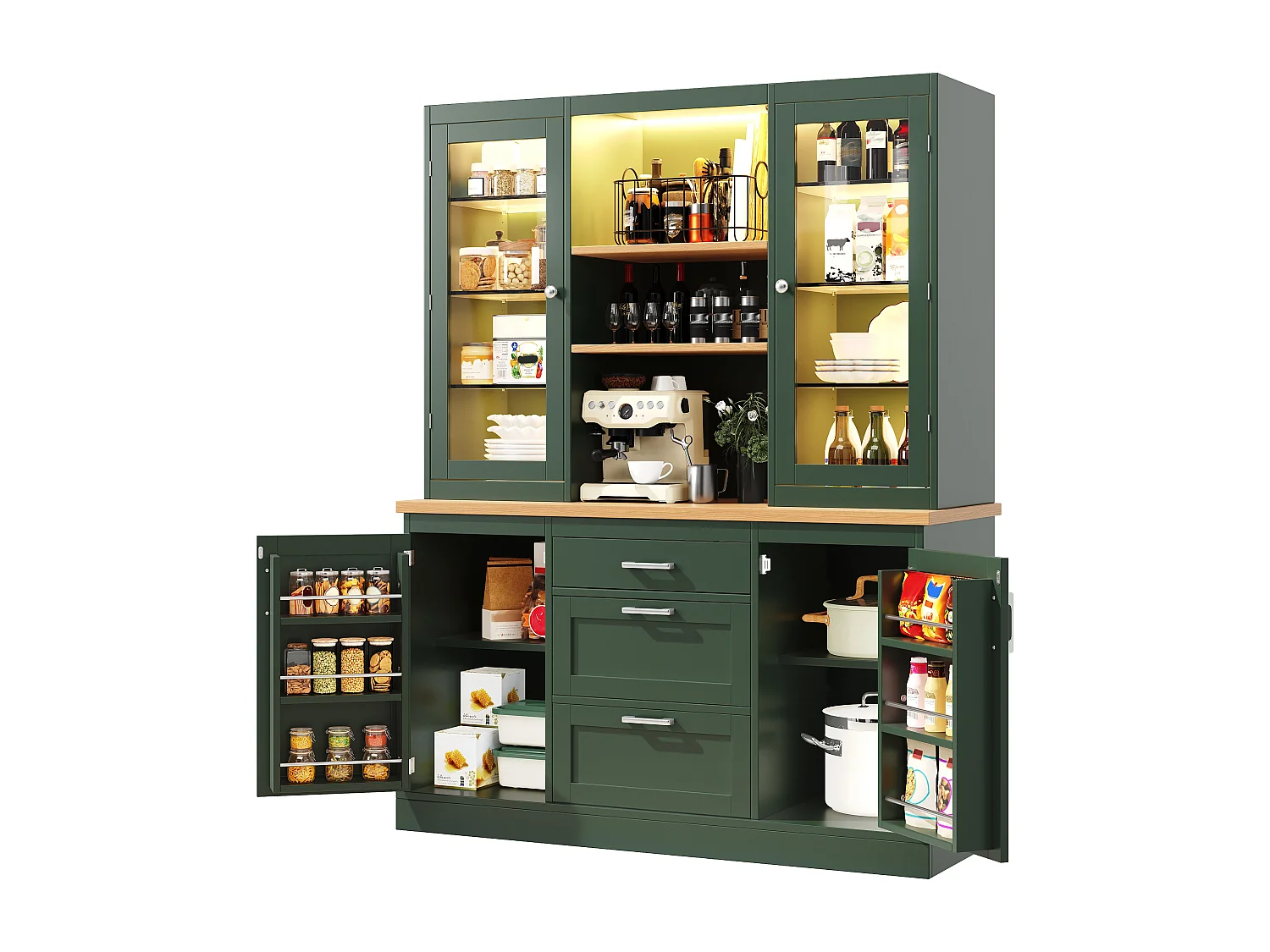 Hoog keukendressoir - 140 x 40 x 185 cm - met 3 lades + 2 opbergdeuren + LED-verlichting + planken - MDF - groen