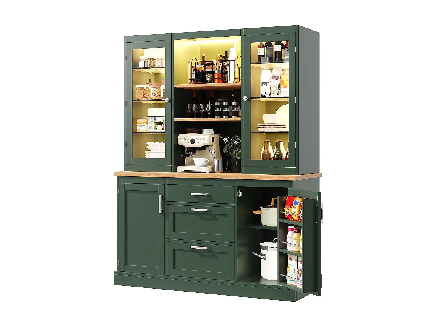 Hoog keukendressoir - 140 x 40 x 185 cm - met 3 lades + 2 opbergdeuren + LED-verlichting + planken - MDF - groen