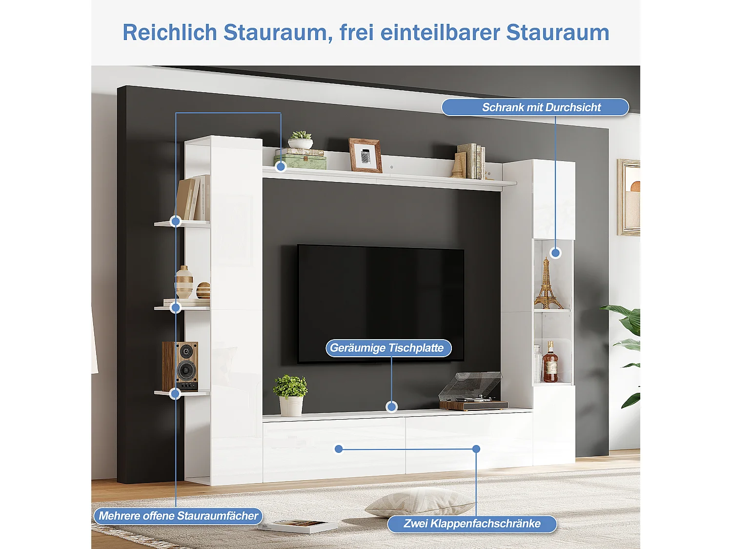 Wohnzimmer TV-Möbel-Set - Vitrine, TV-Schrank, offene Regale - Hochglanz-Finish - MDF - Weiß