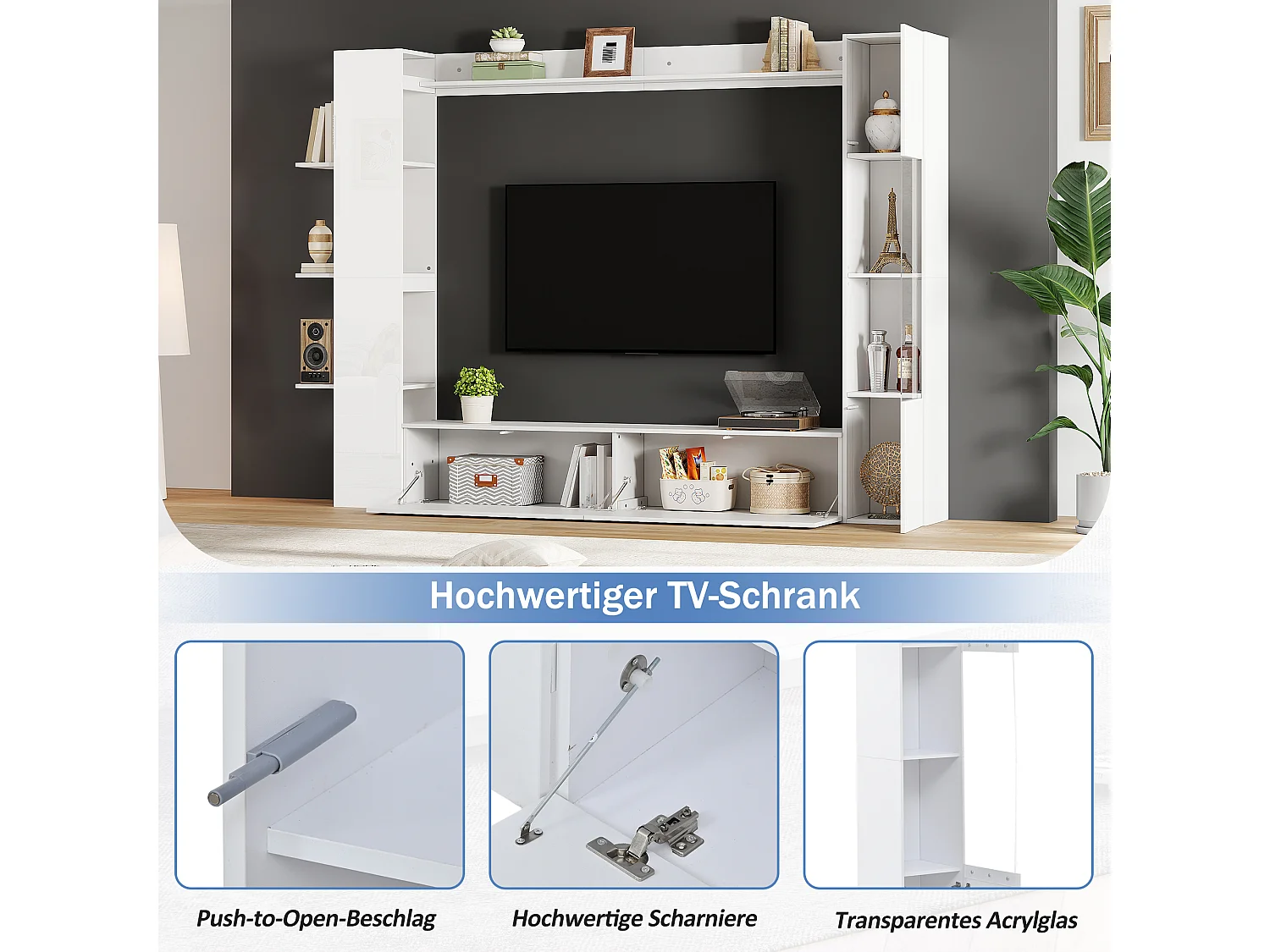 Wohnzimmer TV-Möbel-Set - Vitrine, TV-Schrank, offene Regale - Hochglanz-Finish - MDF - Weiß