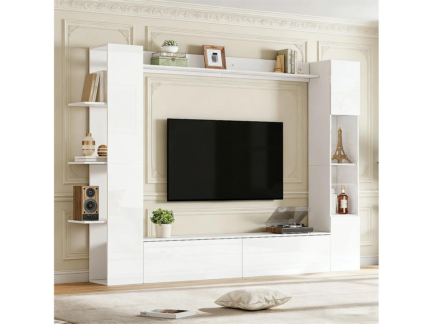 Wohnzimmer TV-Möbel-Set - Vitrine, TV-Schrank, offene Regale - Hochglanz-Finish - MDF - Weiß